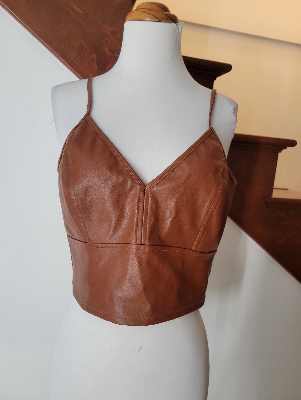 Lola Grace Women's Faux Leather V-Neck Cropped Cami Top Brown Size L New
